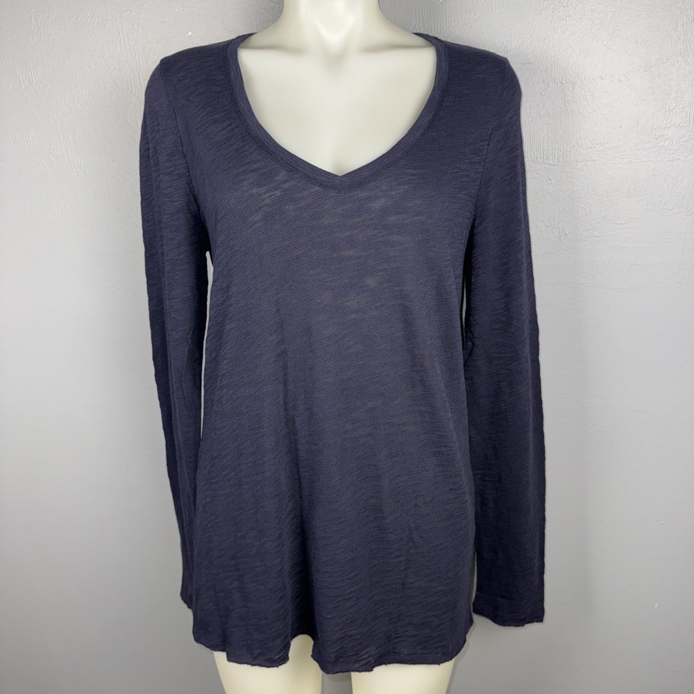 ATM Anthony Thomas Merillo SLUB Jersey V-Neck Tee Lg Dark Blue Distressed Hem